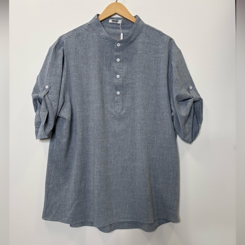 NWT Coofandy 1/2 Button Placket Popover Blouse Womens Sz Large Roll Short Sleeve - Picture 3 of 10